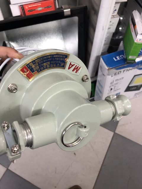 Đèn chống nổ treo 100w. Có lưới sắt bảo vệ.