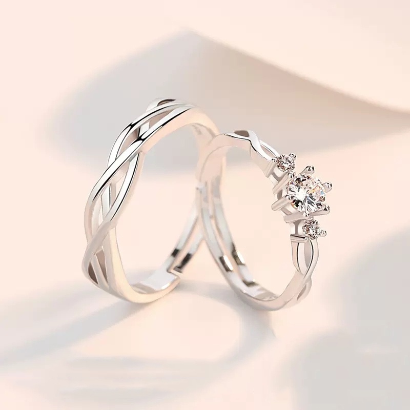 ◆✚☇ Set 2 Nhẫn Đính Hôn Bạc Đính Đá Lấp Lánh Dành Cho Cặp Đôi
