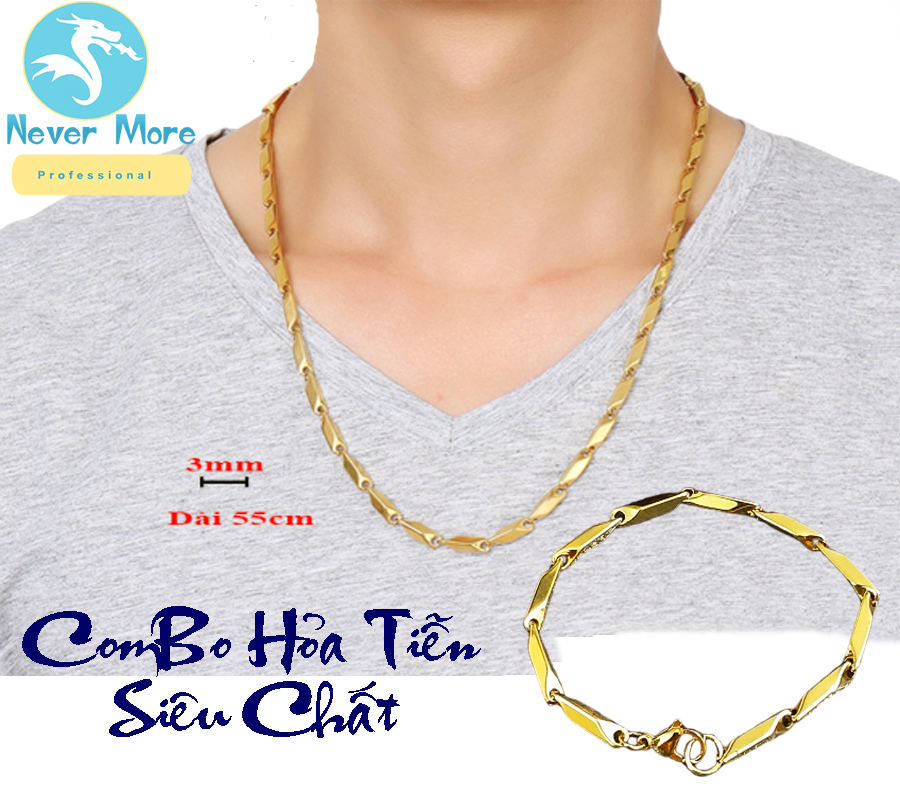 Combo dây chuyền và lắc tay hỏa tiễn 3mm inox mạ vàng siêu đẹp, bền màu, chuẩn thời trang - phù hợp cho nam và nữ