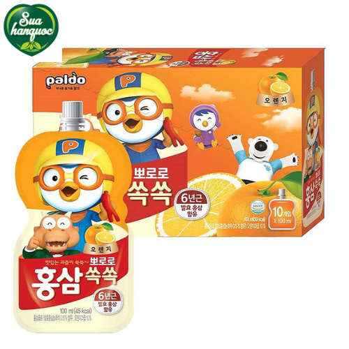 Hộp 10 Túi Nước Hồng Sâm Trẻ Em Pororo Paldo (VỊ CAM)