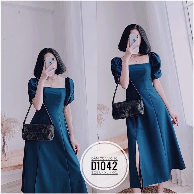 (60-90kg) BIGSIZE Bigsize Đầm cổ vuông xẻ tà