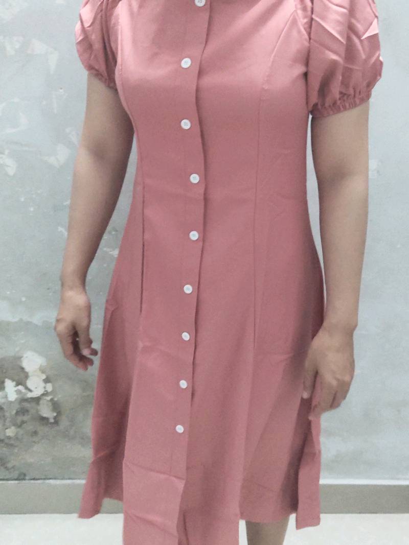 Đầm hồng ruốc tay bo form dài