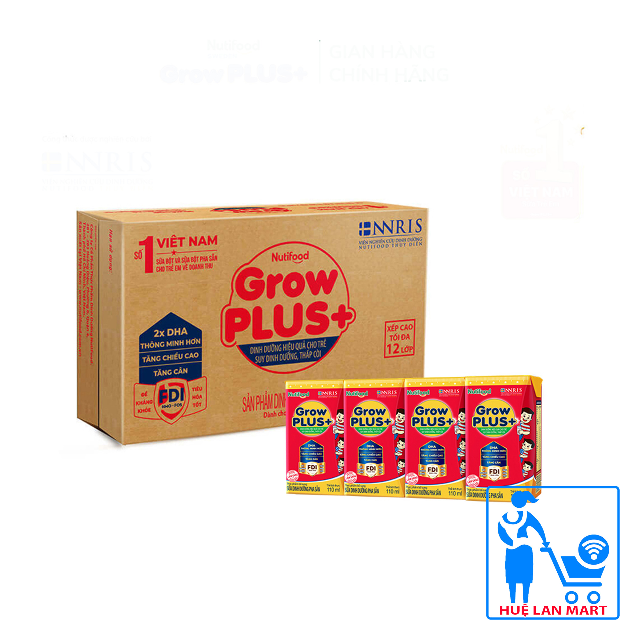 Sữa Bột Pha Sẵn Nutifood Grow Plus+ Đỏ Hương Vani Thùng 48 Hộp x 110ml (Dinh dưỡng hiệu quả cho trẻ suy dinh dưỡng, thấp còi từ 1~10 tuổi)