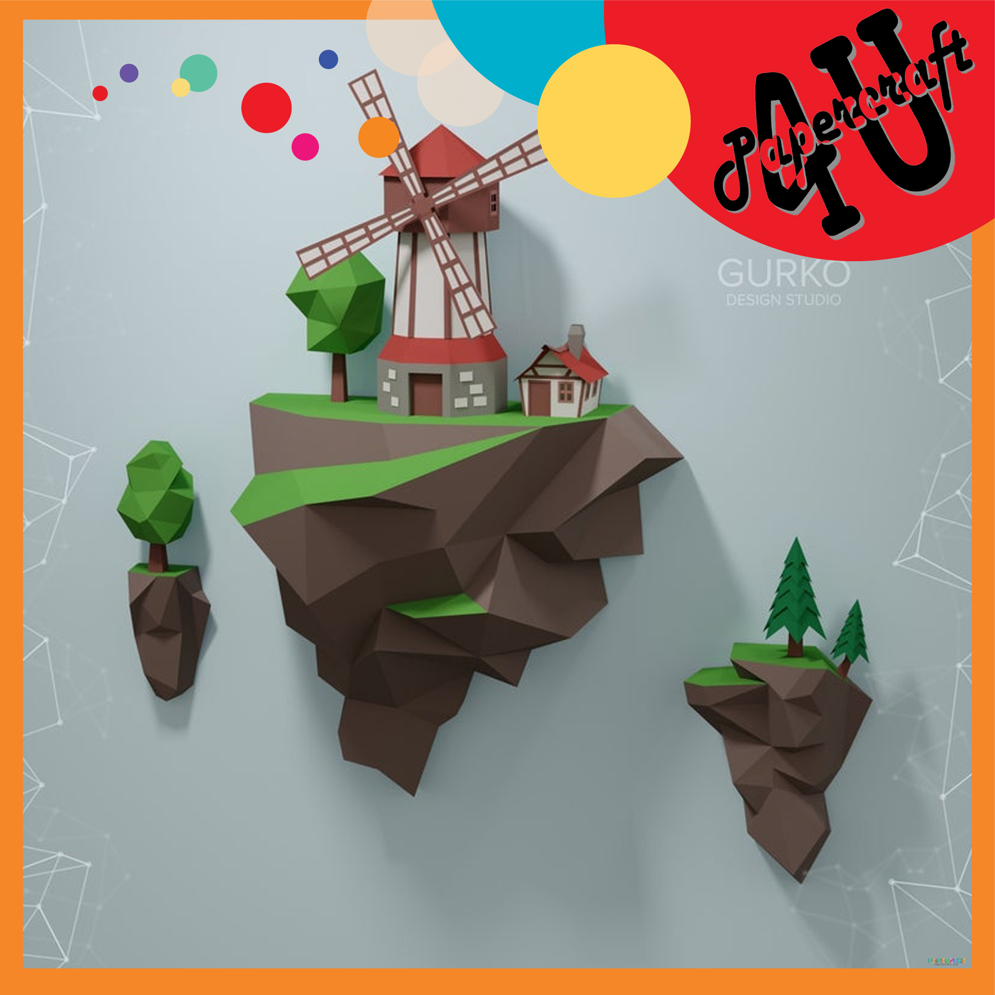 Mô hình giấy 3D  treo tường: Cối xay gió
