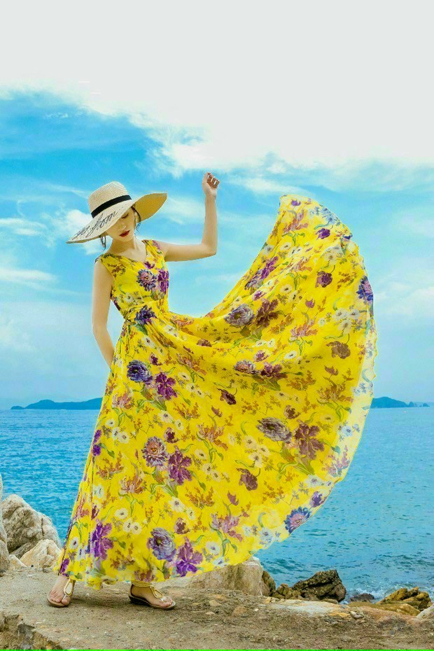Đầm xòe maxi voan phối màu cổ v beyeushop - by4569