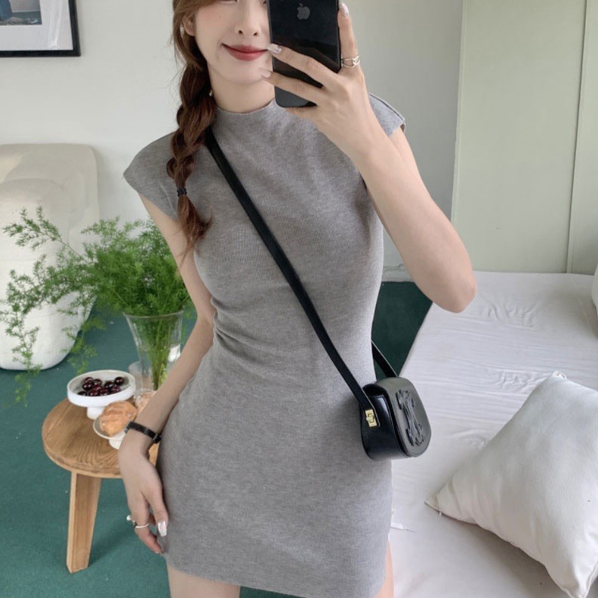 Đầm body tay hến cổ cao cuốn biên viền cổ V39 dáng ngắn ôm body tôn dáng