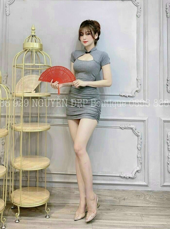 [Freeship]Đầm Body Cổ Tàu Hở Ngực nhún eo (Có Mút)