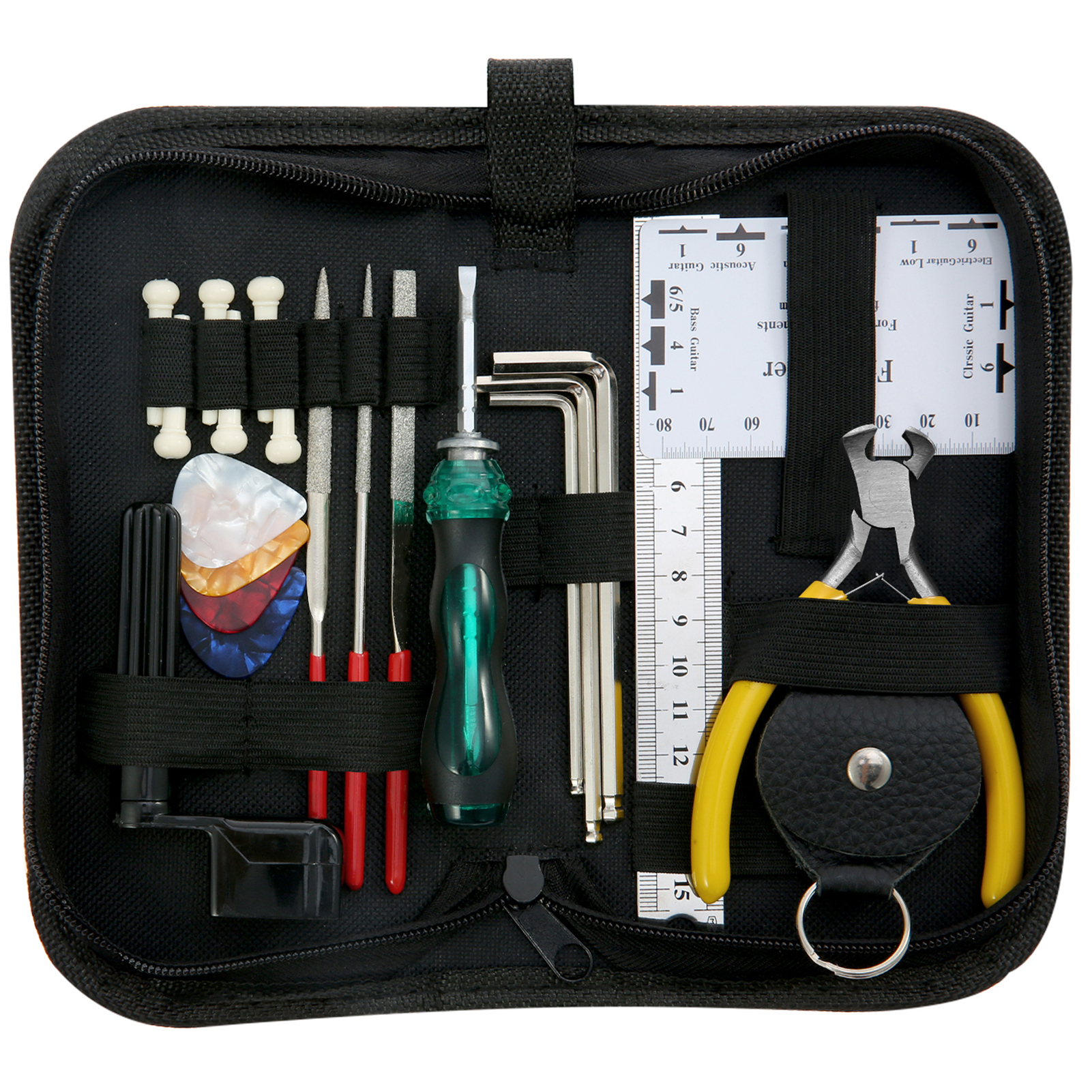 Guitar Repairing Maintenance Cleaning Tool Kit Includes String Action Ruler & Gauge Measuring Tool & Hex Wrench Set & Files & String Winder & String Cutter & Bridge Pins & Picks & Picks Bag for Guitar Ukulele Bass Mandolin Banjo