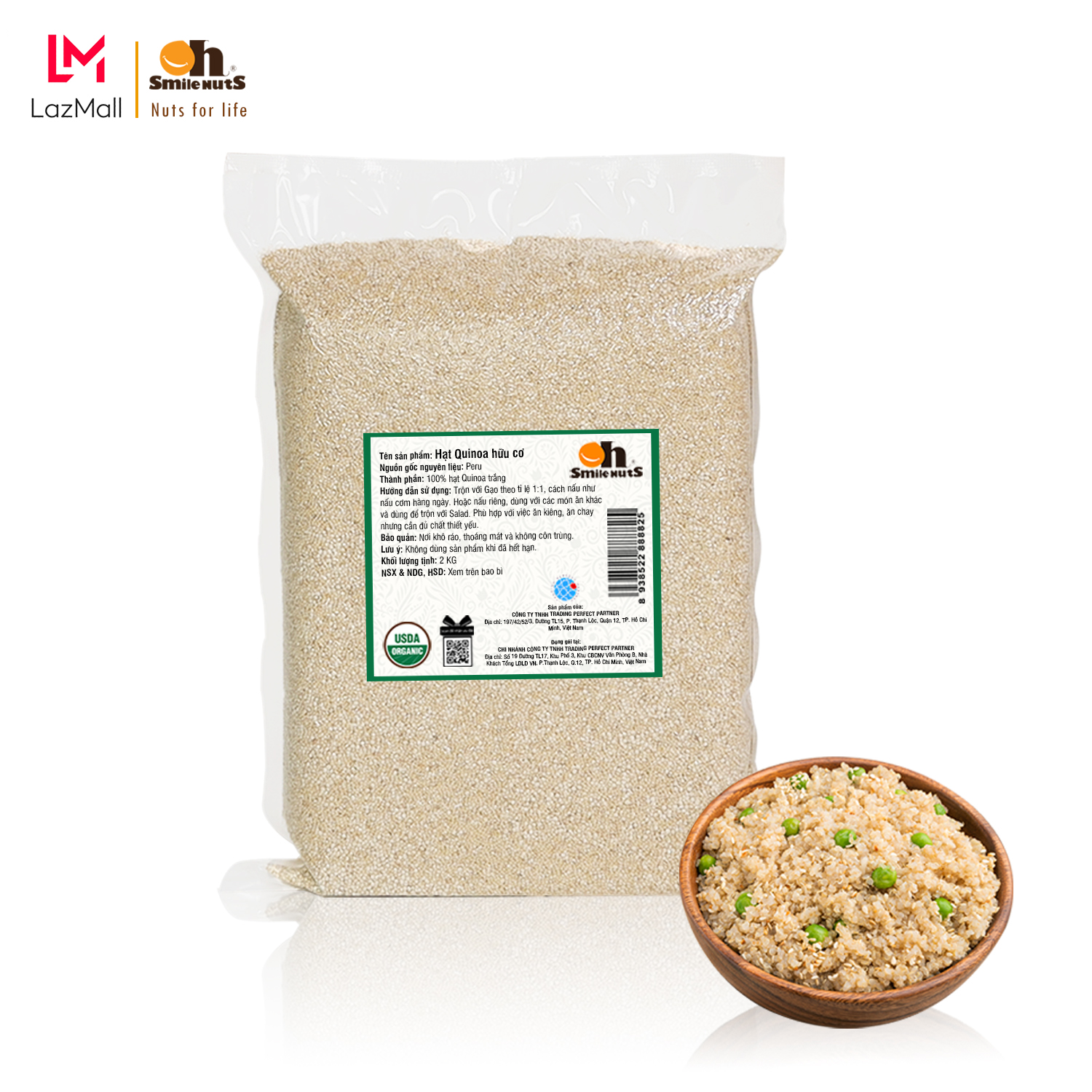 [TÚI 2KG] Hạt Quinoa (Diêm Mạch) Trắng Hữu Cơ Smile Nuts - Nhập khẩu từ Peru (Túi Quinoa 2kg tiện dụng và tiết kiệm)