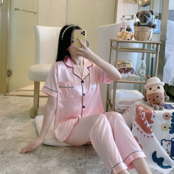Đồ Bộ Lụa Mặc Nhà Cộc Tay Quần Dài Mát Mẻ Dễ Thương