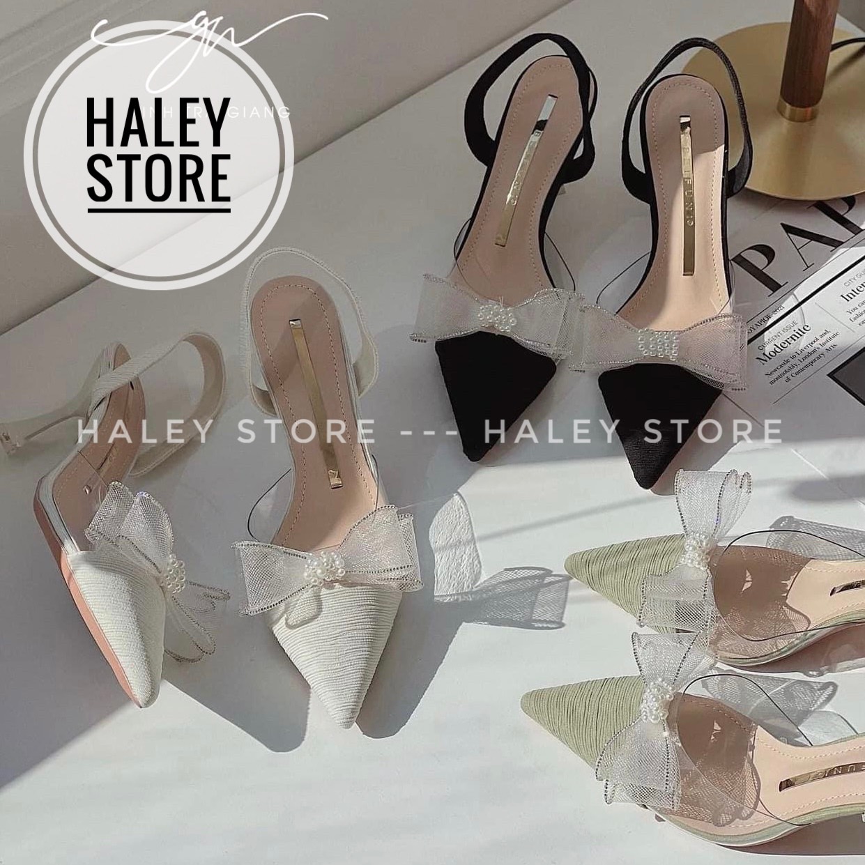 Giày cưới cao gót nữ HALEY STORE bít mũi nhọn quai đính nơ lưới kết ngọc min phối tiểu thư công chúa cô dâu đi tiệc