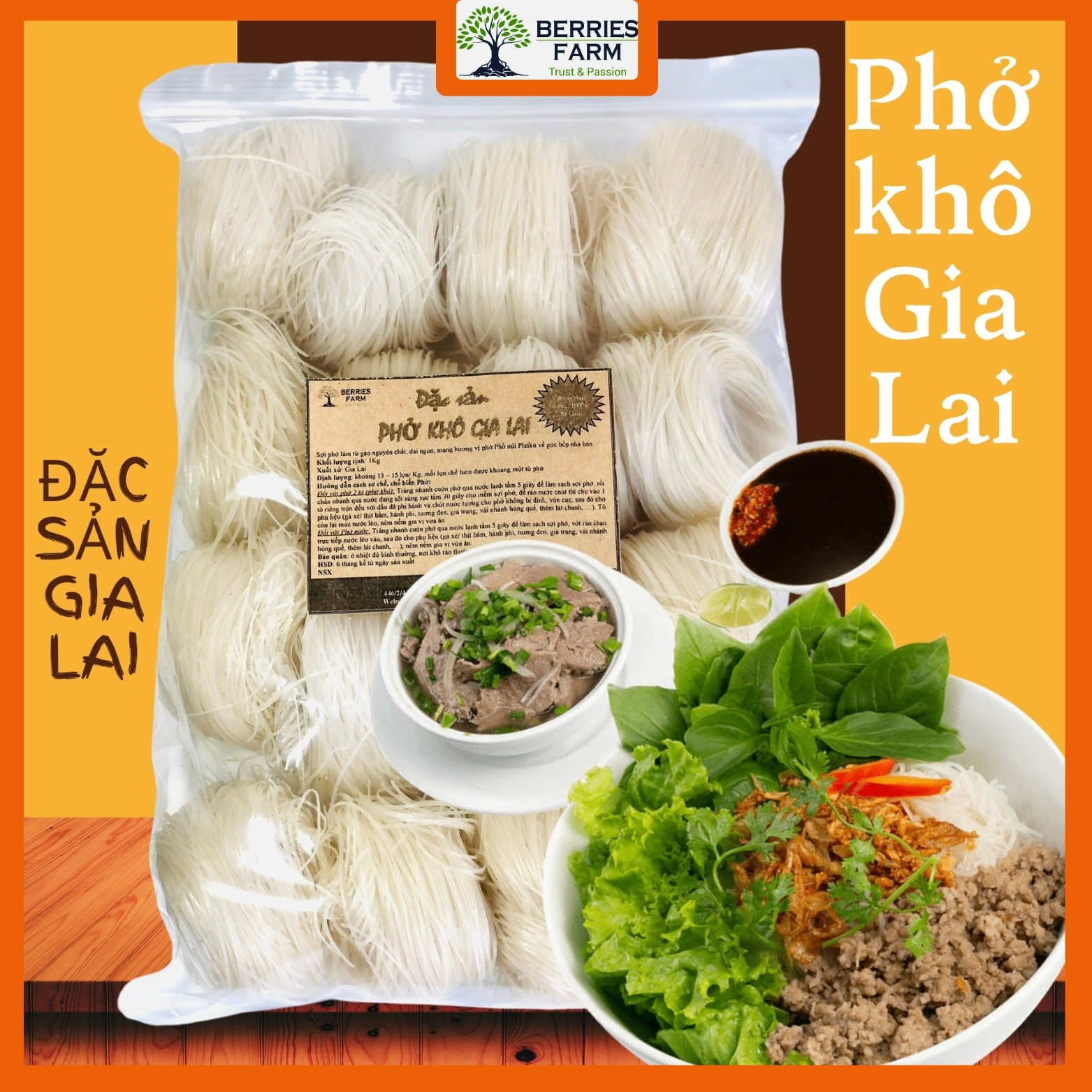 Túi zip bánh PHỞ KHÔ GIA LAI 1kg từ 100% gạo, sợi dai đặc sản phố núi phở trộn hai tô (13 - 16 cuộn), có bán tương đen| Berries Farm