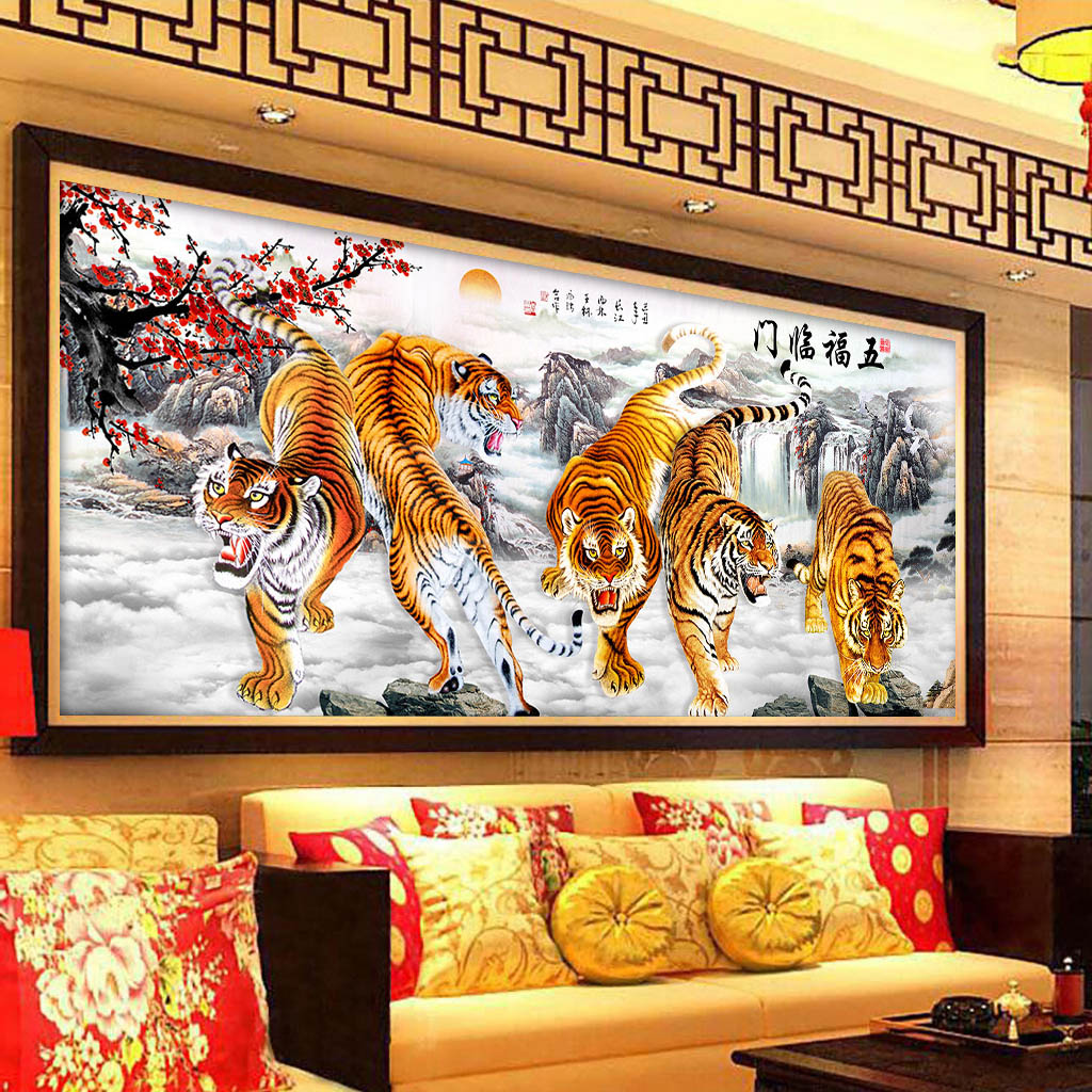 Tranh treo tường ngũ hổ tọa sơn in trên canvas có khung trang trí phòng khách, phòng ngủ (10165506)