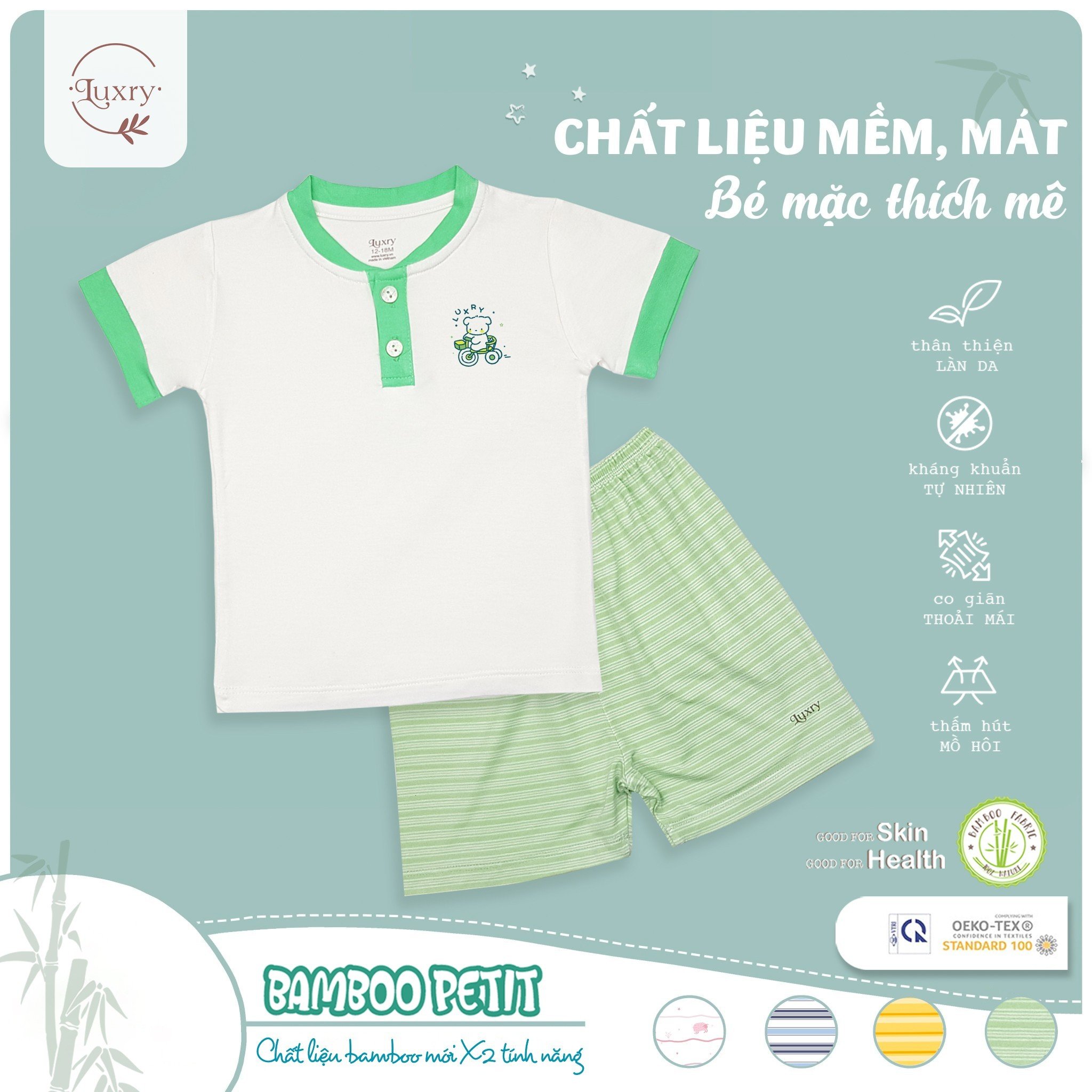 Bộ quần áo cộc tay cổ trụ Luxry từ vải sợi tre cao cấp cho bé trai, bé gái từ 9 tháng đến 6 tuổi