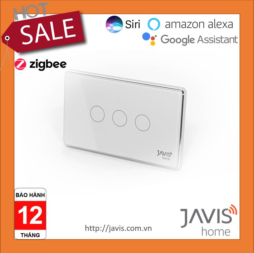 CÔNG TẮC ZIGBEE JAVIS 3 NÚT (3 GANG) CHỮ NHẬT TRẮNG VIỀN BẠC