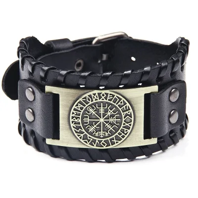 Vintage Compass Pattern Wide Leather Bangle Fashion Jewelry Bracelet for Men