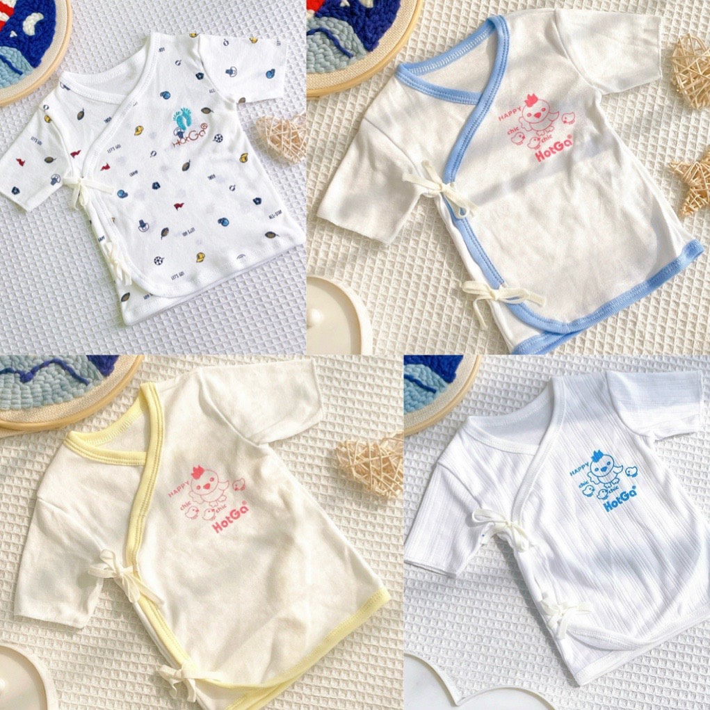 Combo 4 áo sơ sinh cột dây họa tiết nền trắng cho bé dưới 5kg - áo bé sơ sinh hiệu hotga