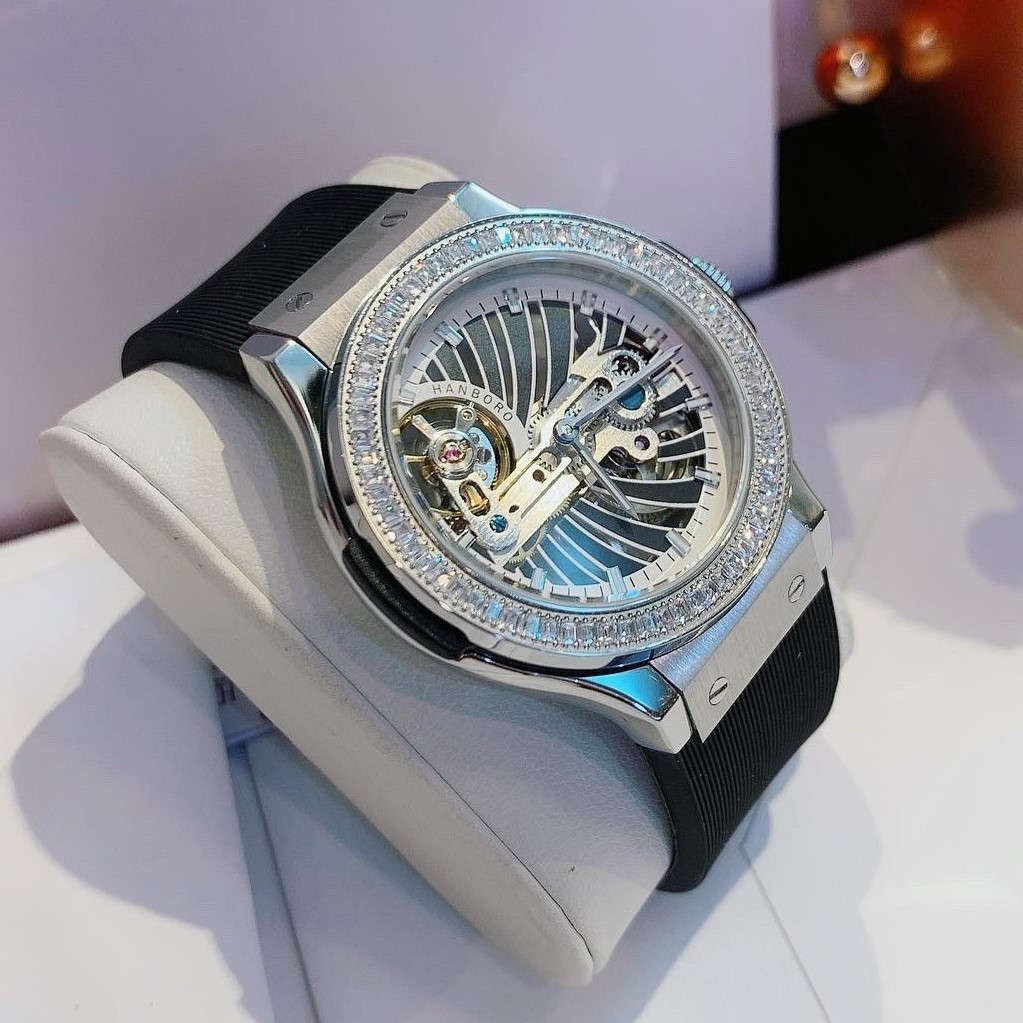 [HCM]Đồng Hồ Nữ Hanboro Automatic Dây Silicon Đen Silver Chính Hãng 36mm