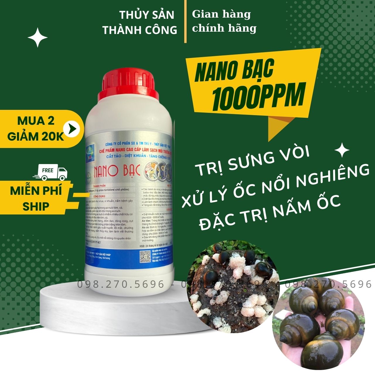 [ NANO BẠC CHO ỐC SƯNG VÒI ] Nano Bạc 1000PPM Chính Hãng Diệt Nấm Khử Trùng Ao Nuôi, Hôi Tanh, Diệt Tảo Lam, Làm Trong Nước Và Phòng Bệnh Cho Hải Sản ĐẶC BIỆT SƯNG VÒI Ở ỐC