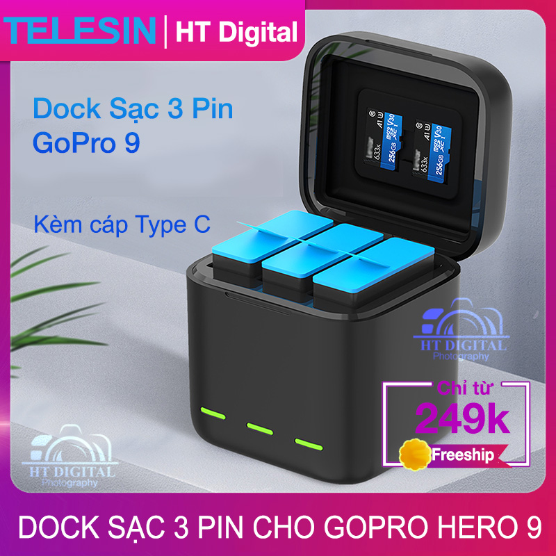 Bộ Dock Sạc 3 Pin Cho GoPro 9 Có Nắp Đậy Telesin