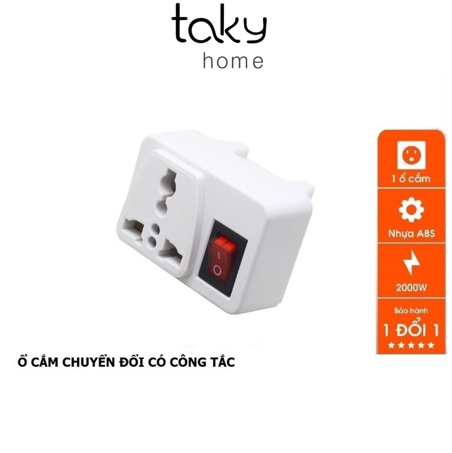Phích Cắm Chuyển Đổi Từ  3 Chấu Sang 2 Chấu, Có Công Tắc Tắt Bật tiện lợi, Nhựa ABS Cao Cấp Chống Cháy, Lõi Đồng Nguyên Chất. TakyHome 8609