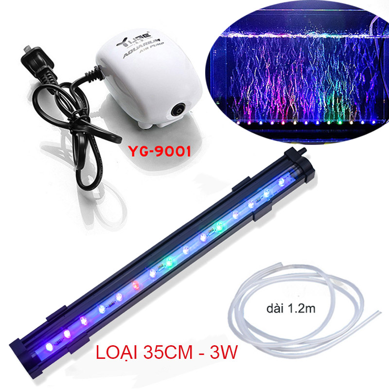 Bộ đèn LED đổi màu bể cá 35cm-45cm tùy chọn có đầu sủi bọt khí kèm máy tạo khí oxy cho bể cá