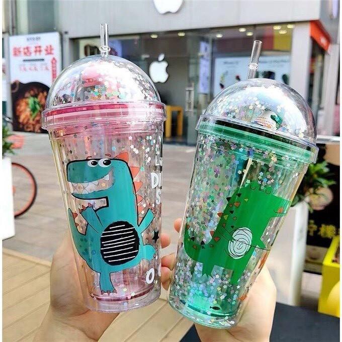 【HOT SALE】 Bình nước Giữ nhiệt hình khủng long cute ( kèm ống hút )