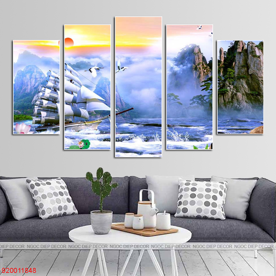Tranh dán tường 3D thuyền buồm sơn thủy hữu tình - Tranh décor phòng khách, phòng ngủ phong cách hiện đại