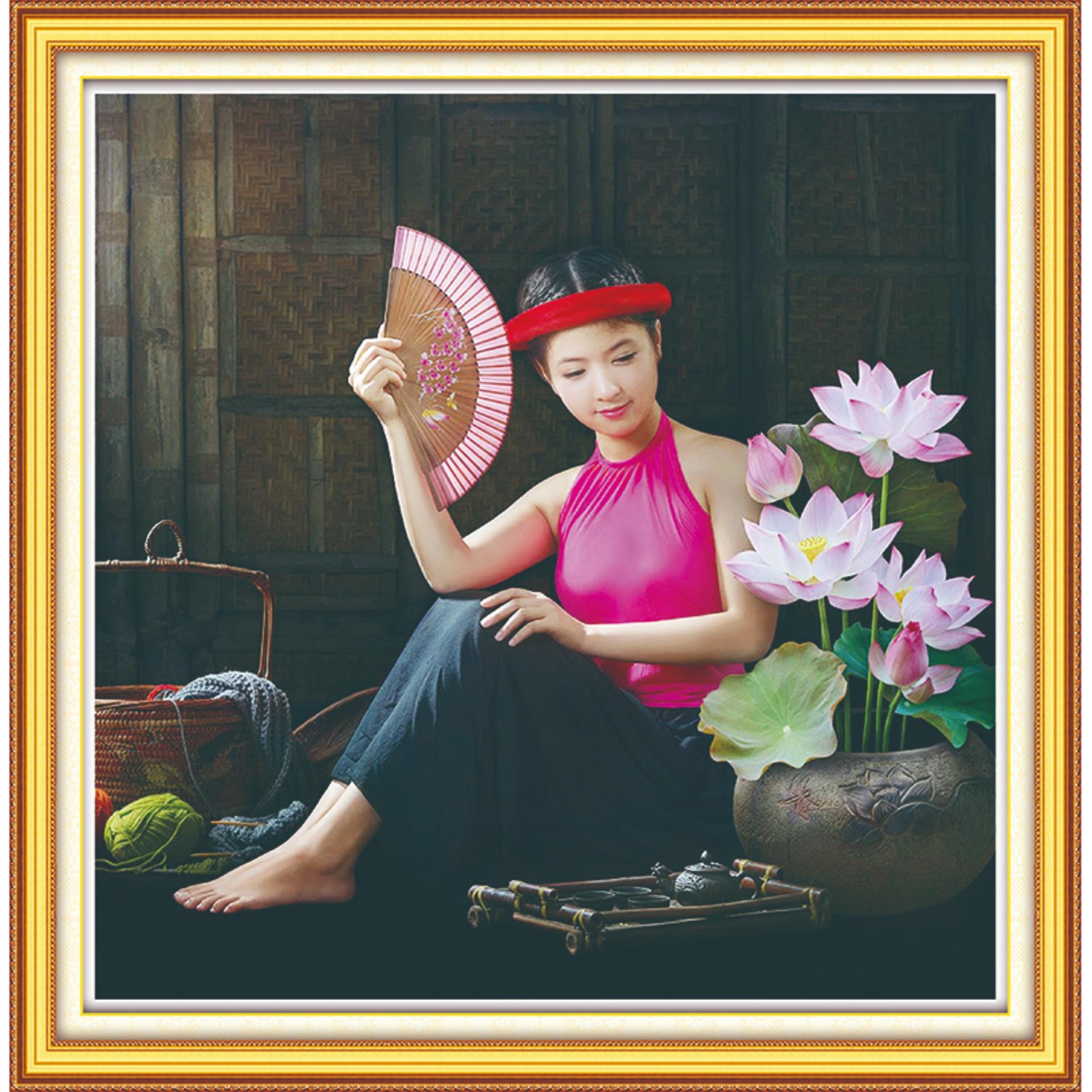 Tranh chấm hạt,  đính đá,  chấm đá, tranh cườm cao cấp Venus Thiếu nữ bên sen KT60x60cm