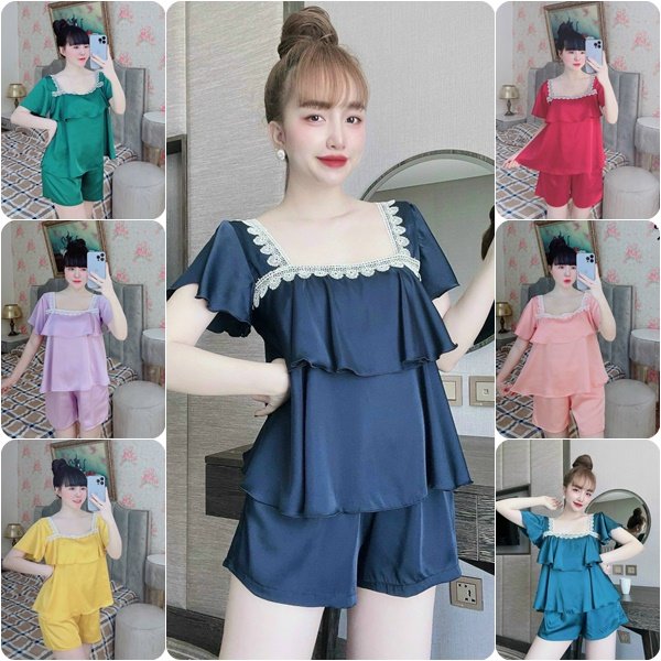 Đồ bộ ngắn có túi vải lụa satin loại 1 freesize dưới 60kg set bộ ngắn mặc nhà có túi vải satin mềm mại