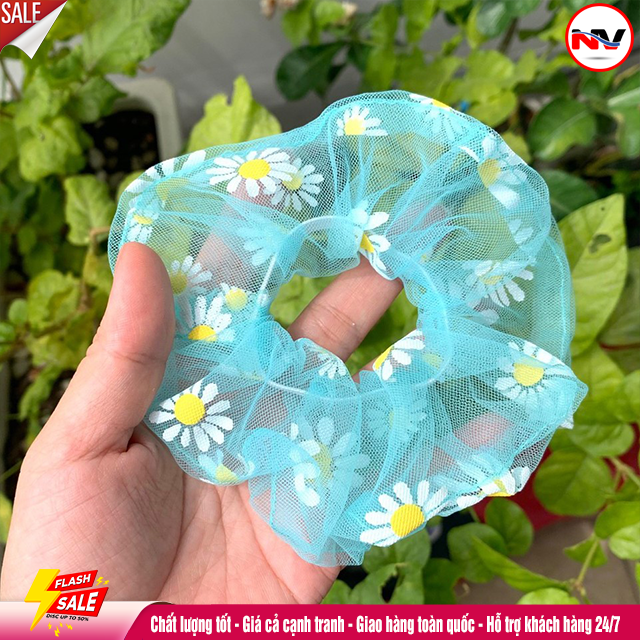 Dây buộc tóc vải lưới in hoa cúc nữ tính