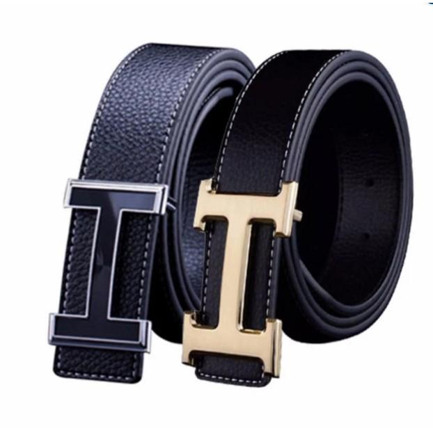 COMBO Bộ thắt lưng da, Dây nịt chữ H ( Dây đen trơn - Mặt chữ H thép đen - Mặt chữ H mạ vàng )