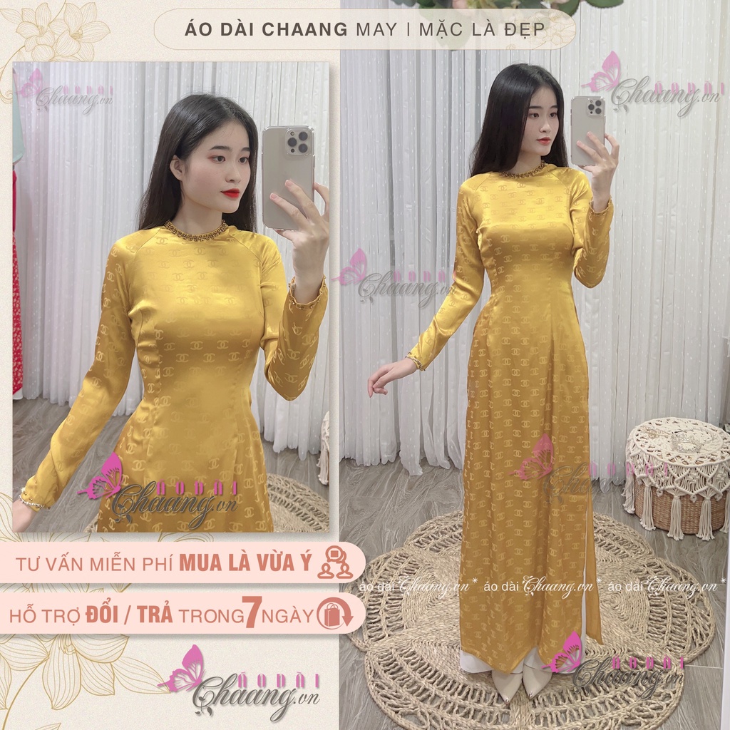 Áo dài gấm pha lê cổ tròn CHAANG may kiểu cổ trong đính dá pha lê, vải gấm dệt họa tiết đẹp