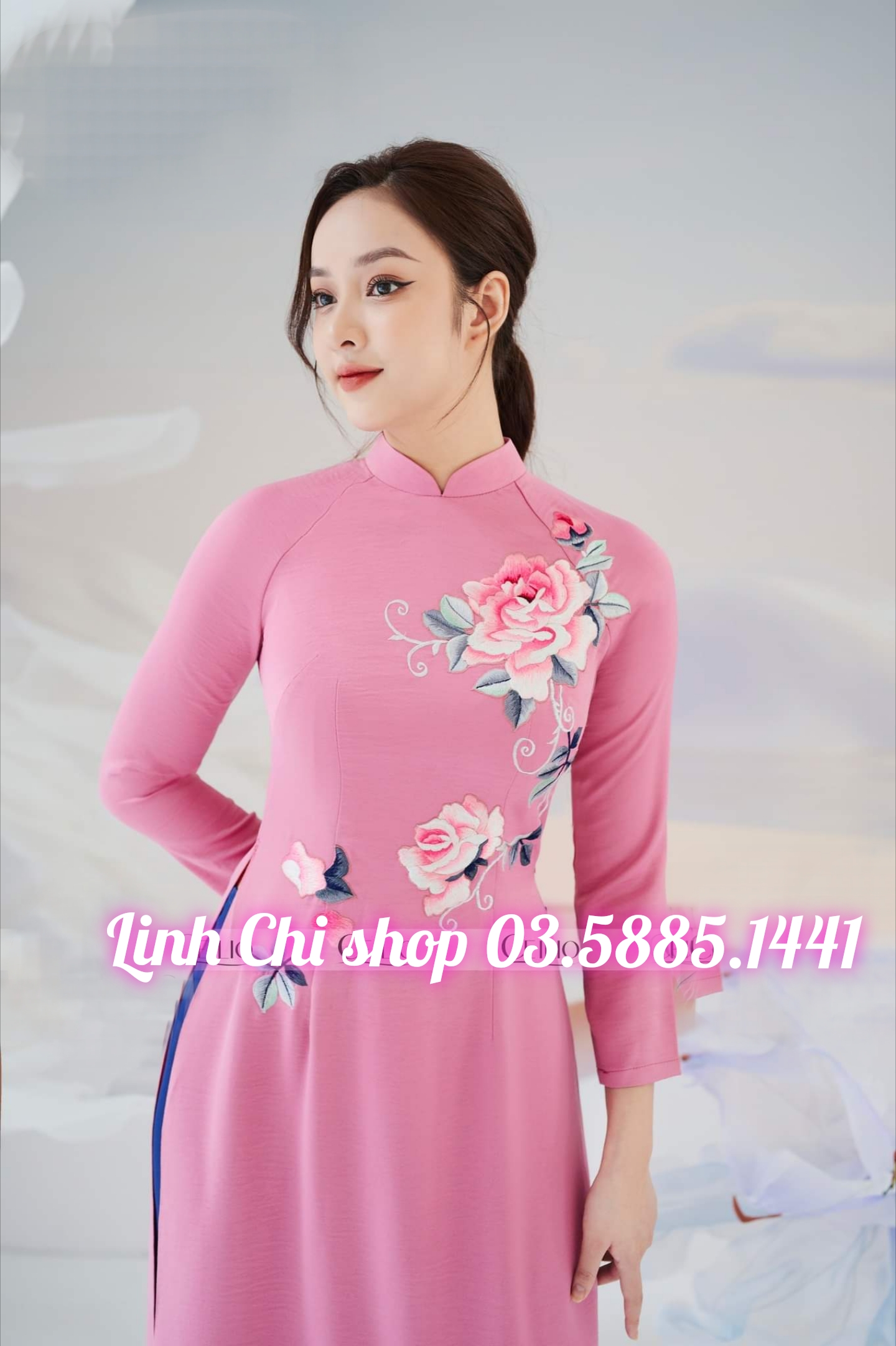 áo dài thêu cao cấp 2023 hồng đỗ