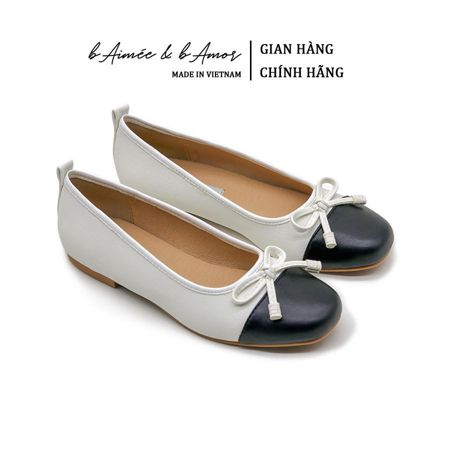 Giày bệt búp bê nữ Bow Ballerina đế bệt mũi tròn phối đen da mềm êm bAimée & bAmor - MS3023