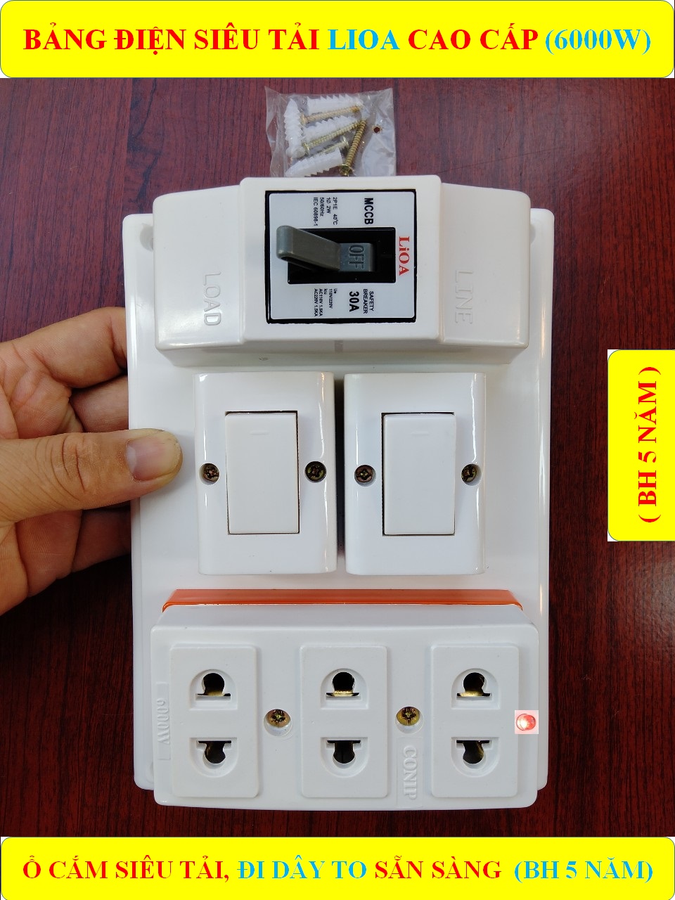 Bảng điện nổi, Táp lô điện LIOA CHỊU TẢI CAO 6000W (BH 5 NĂM) + 1/2/3 Công tắc + 1/2 Ổ cắm SỨ SIÊU TẢI 6000W lò xo chống giãn + Đã đi dây TO sẵn sàng + Bộ ốc vít lắp đặt (bộ 1 sp )