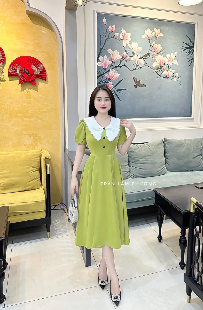 Đầm thời trang hottrend dáng xòe cổ hoa sen ngắn tay xinh xắn Đầm siêu HOT áo cổ sen ngắn tay dáng xòe dễ thương Đầm đi chơi dự tiệc cổ sen dáng xòe cực tôn dáng MTB