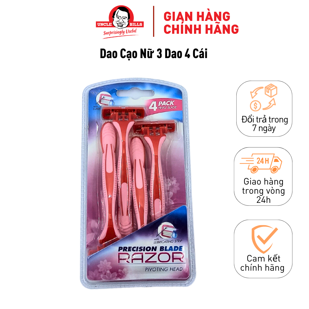 Bộ 4 Dao Cạo 3 Lưỡi Màu Hồng Uncle Bills Lưỡi Dao Sắc Bén Cạo Sát Da Không Gây Trầy Xướt Làm Da Mịn Màng Sau Lần Cạo AG0384/AG0385