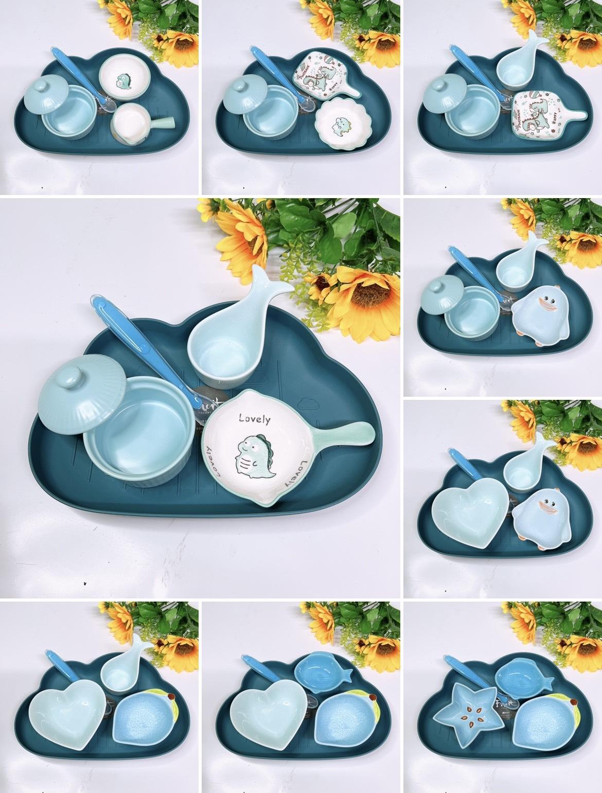 [Hoàn tiền 6%] Combo Sứ Hồng, Cam, Vàng (Gồm khay mây, thìa, bát sứ) S62