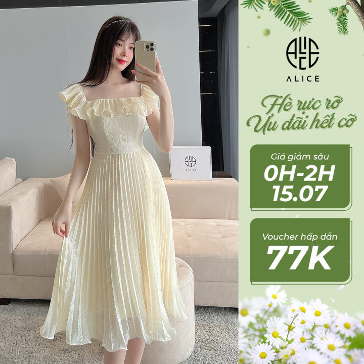 Váy Trễ Vai Tiểu Thư ALICE Chất Voan Dập Li Lót Lụa Mềm Mát Đầm Dáng Suông Chiết Eo Tôn Dáng V848