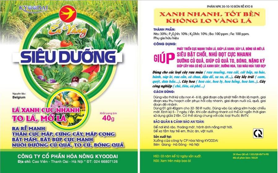 Phân bón NPK 30-10-10 nở bụi, xanh lá, mập cọng 40gr