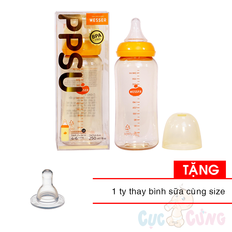 Bình sữa Wesser PPSU cổ nhỏ 250ml Tặng 1 ty thay bình sữa