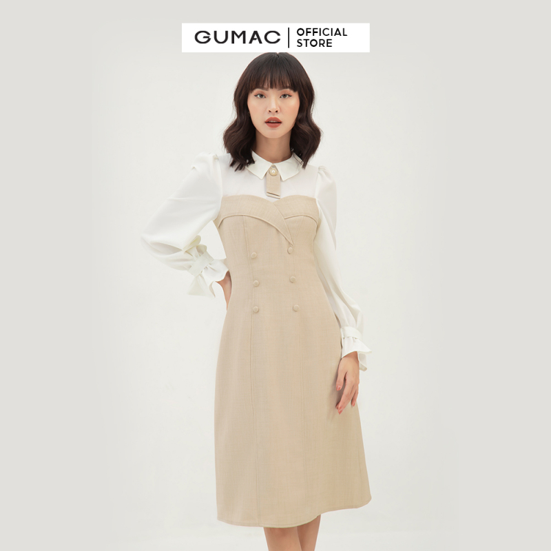 Nơi bán Váy đầm nữ đẹp thiết kế cách điệu tay dài phối nút thời trang GUMAC mẫu mới DB3108 chất liệu cotton thoải mái mềm mát dễ chịu phù hợp chốn công sở đi chơi dự tiệc trẻ trung quyến rũ
