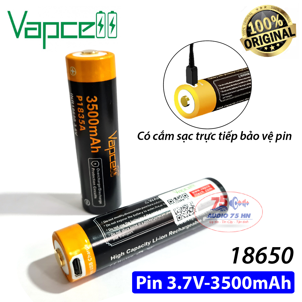 01 pin 18650 vapcell p1835a 3500mah hàng cao cấp pin sạc li-ion 18650 dòng xả 10a có cổng sạc usb