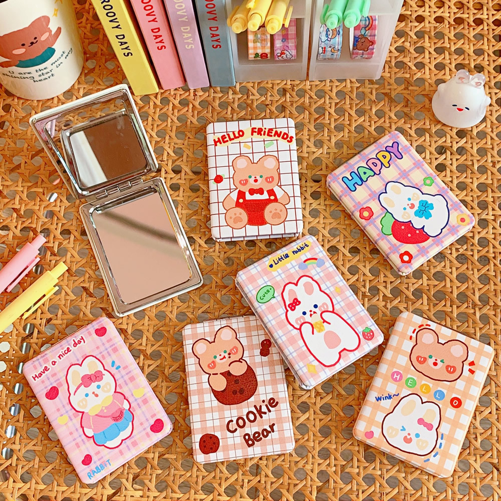 Gương mini trang điểm nắp gập 2 mặt phóng to hoạ tiết caro thỏ gấu dễ thương, cute