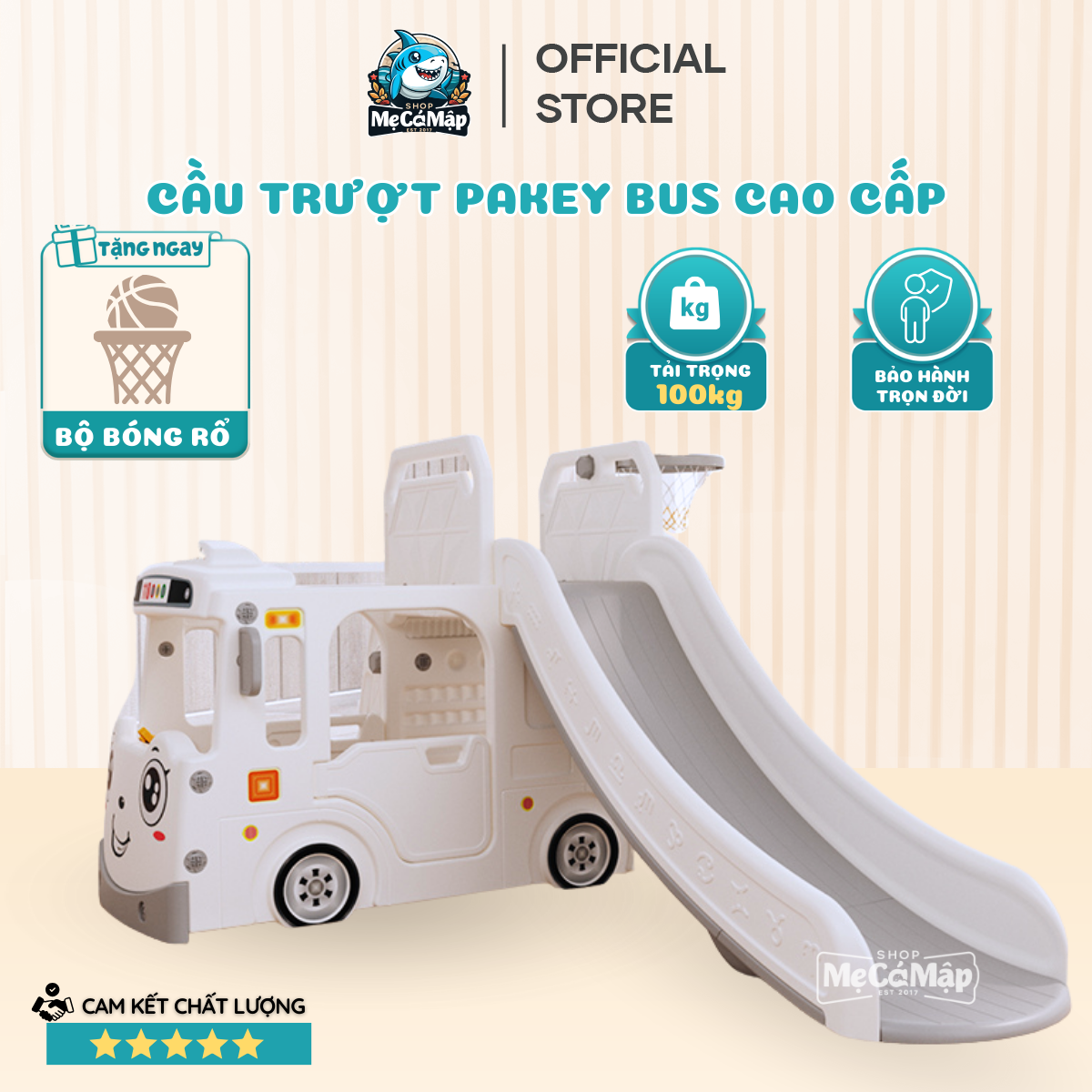 Cầu trượt cho bé Pakey Bus nhập khẩu chính ngạch, cầu trượt chịu tải trọng 100kg chắc chắn