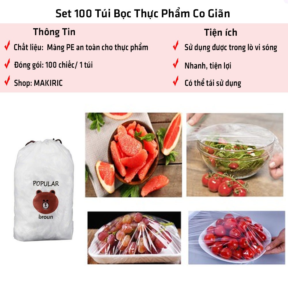 MÀNG BỌC THỰC PHẨM PE CÓ CHUN BỌC ĐỒ ĂN TÚI 100 CÁI