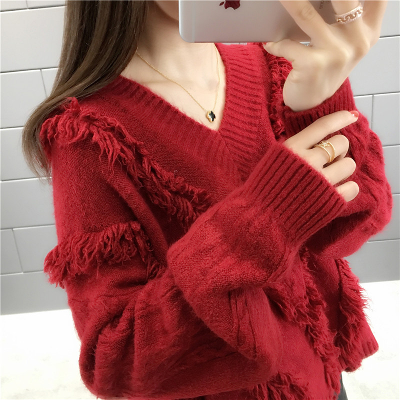 Áo len nữ cổ tim phối tua vải mềm AL12