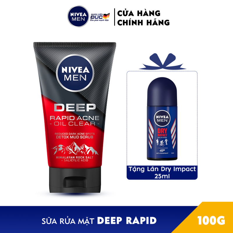 [Tặng Lăn Ngăn Mùi Dry Impact 25ml] Sữa rửa mặt Ngừa mụn Sạch sâu NIVEA MEN Himalaya Deep Rapid Acne Oil Clear (100g) - 88521 giá rẻ