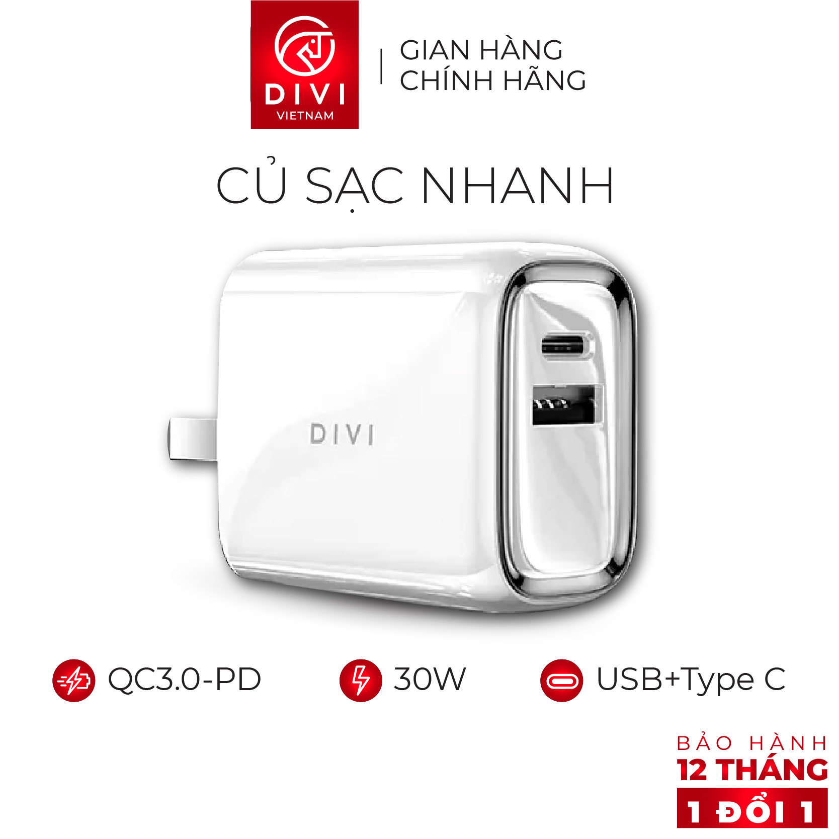 Củ sạc nhanh DIVI P2208 hỗ trợ PD, QC 3.0 Công suất 30W - USB 2.0 + Type C
